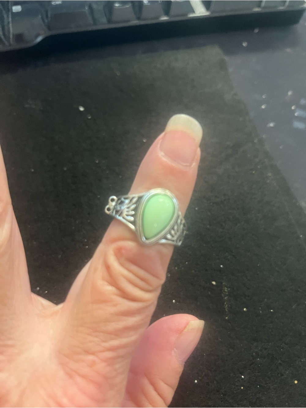 Sterling-Style Teardrop Green Gemstone Ring stretch